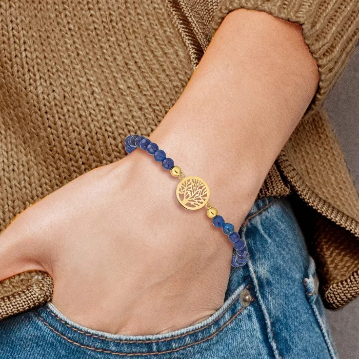 Bracelets TreasureFineJewelers Chisel Stainless Steel Polished Yellow IPplated Tree of Life 4mm Blue Jade Beaded Stretch Bracelet