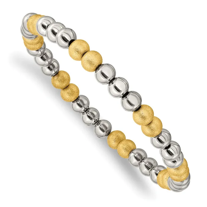 Bracelets TreasureFineJewelers Stainless Steel Polished Yellow IP Sandblasted Beaded Stretch Bracelet Bracelets TreasureFineJewelers Stainless Steel Polished Yellow IP Sandblasted Beaded Stretch Bracelet