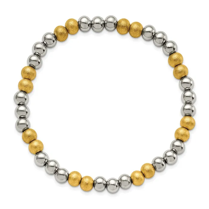 Bracelets TreasureFineJewelers Stainless Steel Polished Yellow IP Sandblasted Beaded Stretch Bracelet