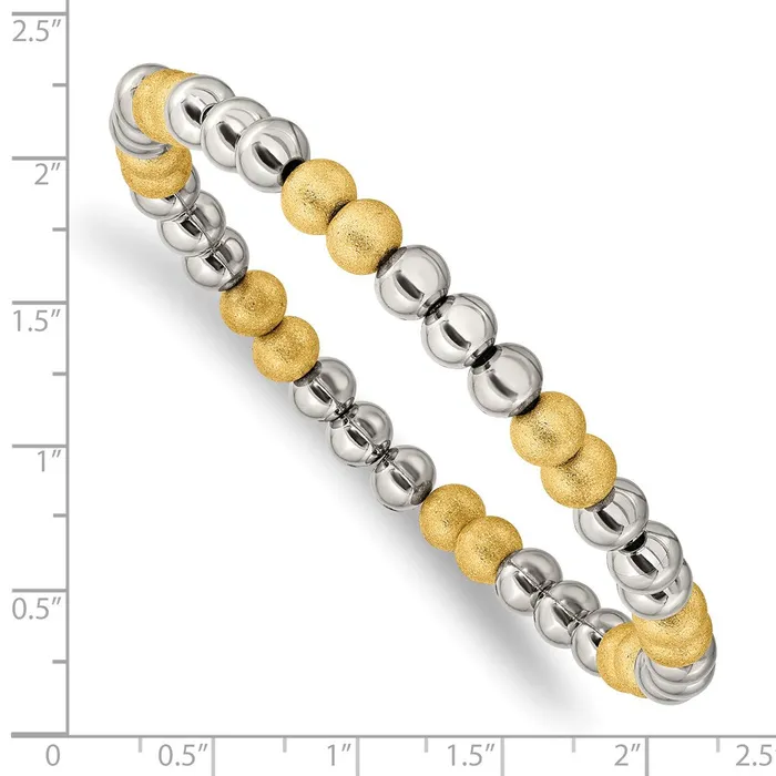 Bracelets TreasureFineJewelers Stainless Steel Polished Yellow IP Sandblasted Beaded Stretch Bracelet