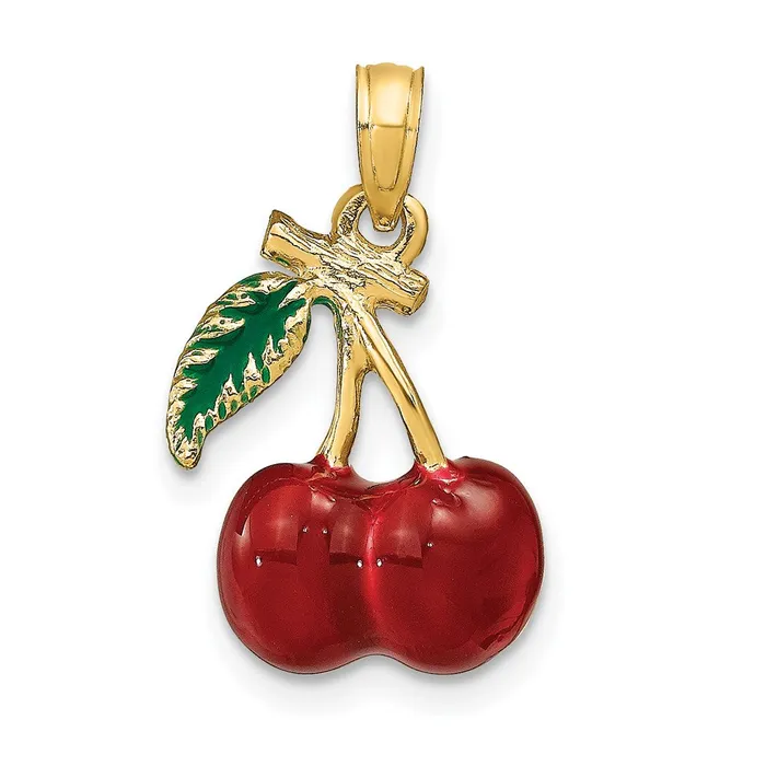 Charm Necklaces 14K 3D Enamel Cherries W Leaf Charm TreasureFineJewelers
