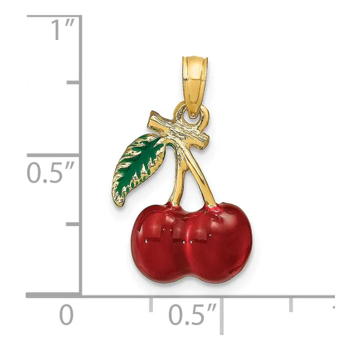 Charm Necklaces 14K 3D Enamel Cherries W Leaf Charm TreasureFineJewelers