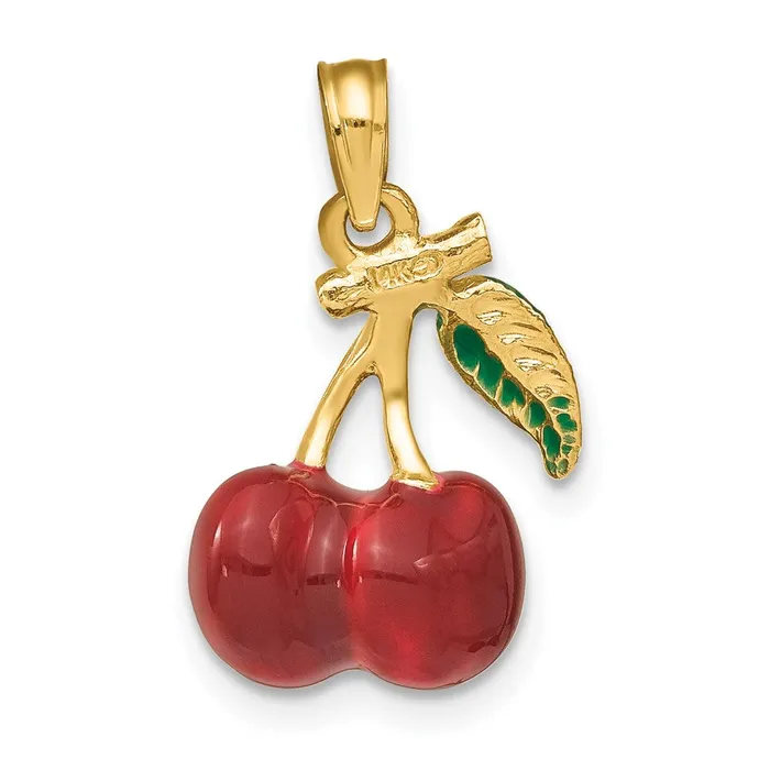Charm Necklaces 14K 3D Enamel Cherries W Leaf Charm TreasureFineJewelers