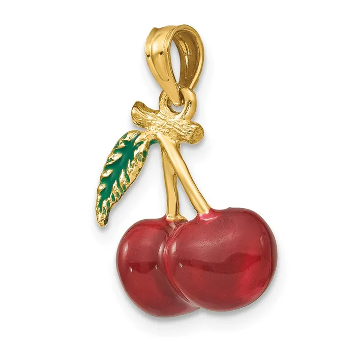 Charm Necklaces 14K 3D Enamel Cherries W Leaf Charm TreasureFineJewelers