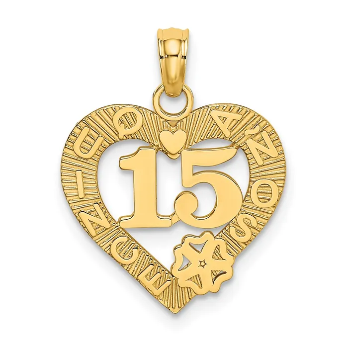 Charm Necklaces 14K QUINCE ANOS 15 in Heart Charm TreasureFineJewelers