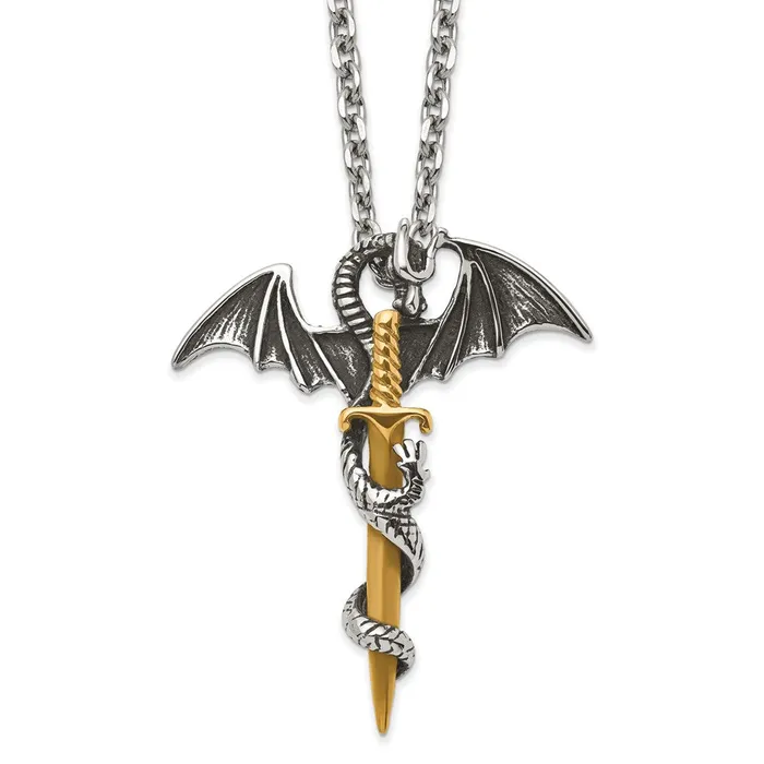Chisel Stainless Steel Antiqued and Polished Yellow IPplated Dragon on Sword on a 24 inch Cable Chain Necklace TreasureFineJewelers Necklaces Chisel Stainless Steel Antiqued and Polished Yellow IPplated Dragon on Sword on a 24 inch Cable Chain Necklace TreasureFineJewelers Necklaces