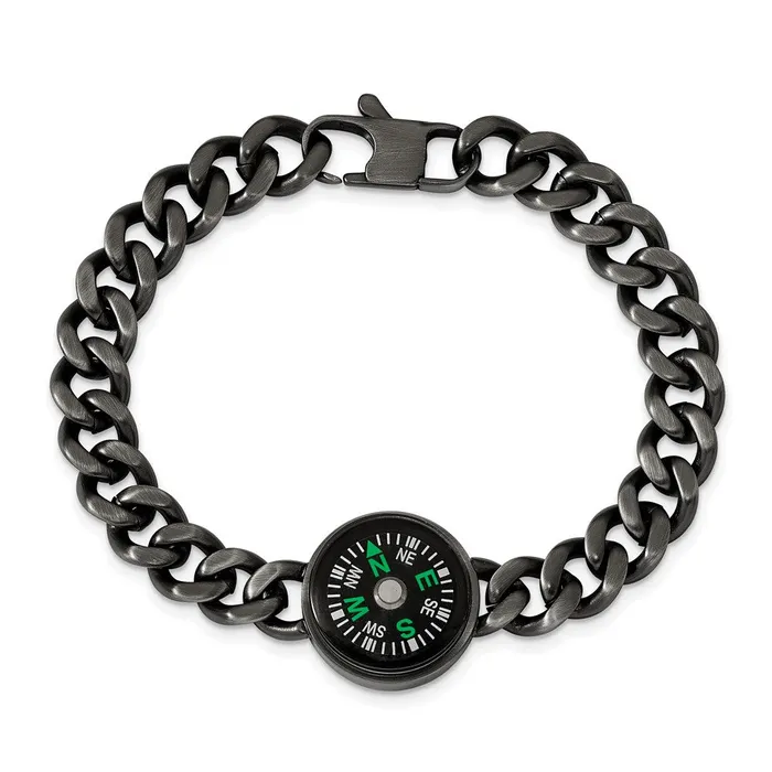 Chisel Stainless Steel Brushed Gun Metal IPplated with Functional Compass 825 inch Bracelet TreasureFineJewelers Bracelets