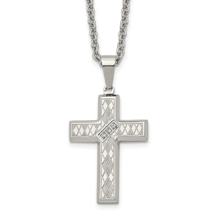 Chisel Stainless Steel Polished and Textured with CZ Cross Pendant on a 20 inch Cable Chain Necklace TreasureFineJewelers Necklaces Chisel Stainless Steel Polished and Textured with CZ Cross Pendant on a 20 inch Cable Chain Necklace TreasureFineJewelers Necklaces