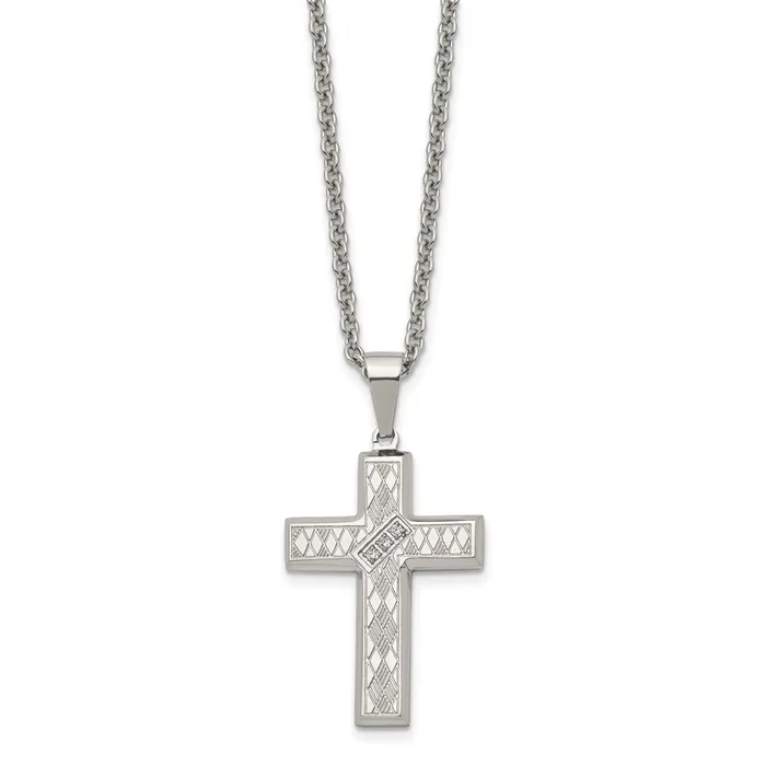 Chisel Stainless Steel Polished and Textured with CZ Cross Pendant on a 20 inch Cable Chain Necklace TreasureFineJewelers Necklaces