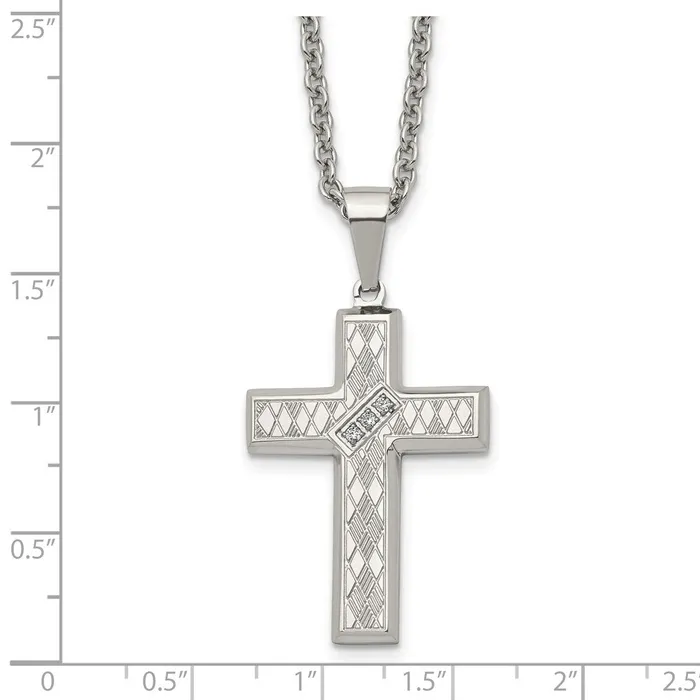 Chisel Stainless Steel Polished and Textured with CZ Cross Pendant on a 20 inch Cable Chain Necklace TreasureFineJewelers Necklaces