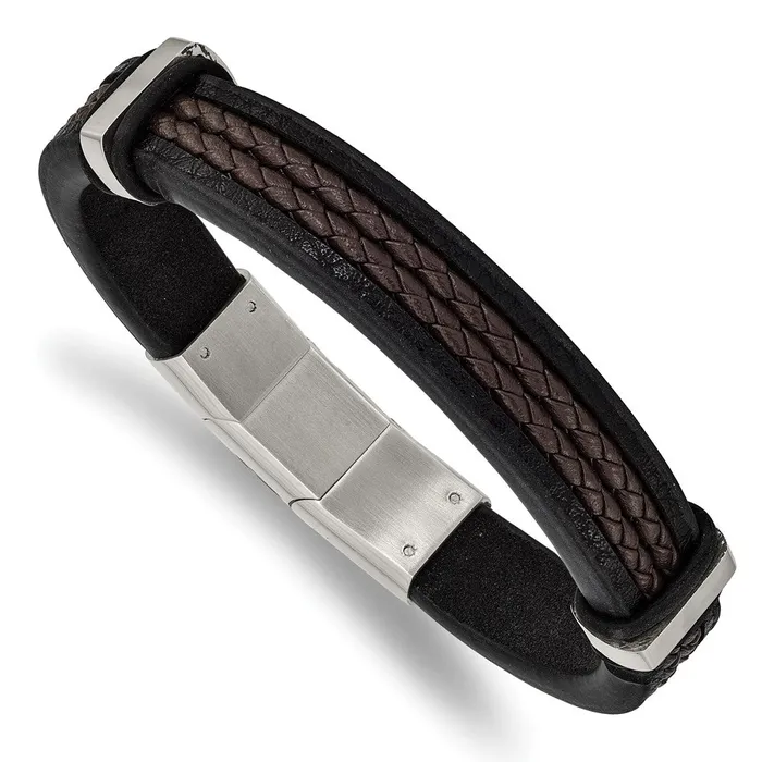 Chisel Stainless Steel Polished Black and Brown Braided Leather 8 inch Bracelet with 5 inch Extension TreasureFineJewelers Bracelets Chisel Stainless Steel Polished Black and Brown Braided Leather 8 inch Bracelet with 5 inch Extension TreasureFineJewelers Bracelets
