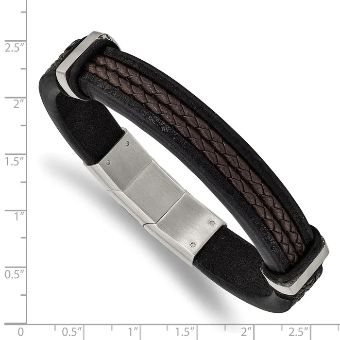 Chisel Stainless Steel Polished Black and Brown Braided Leather 8 inch Bracelet with 5 inch Extension TreasureFineJewelers Bracelets