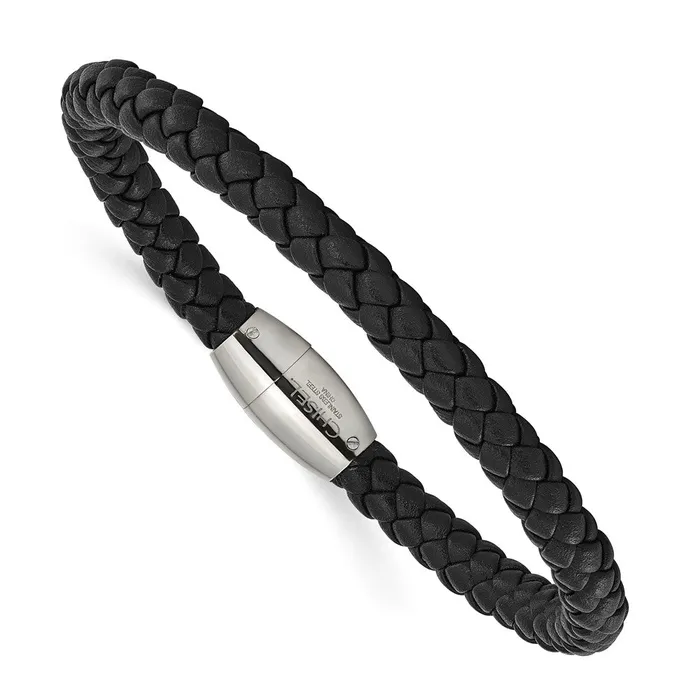 Chisel Stainless Steel Polished Black Braided Leather 85 inch Bracelet TreasureFineJewelers Bracelets