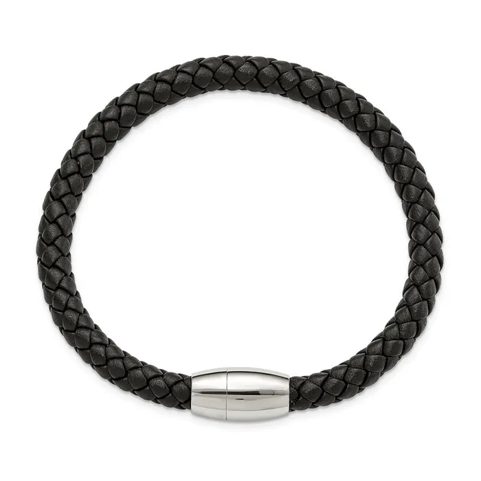 Chisel Stainless Steel Polished Black Braided Leather 85 inch Bracelet TreasureFineJewelers Bracelets