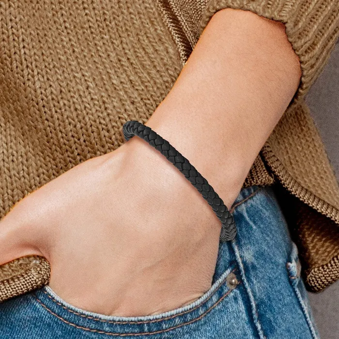 Chisel Stainless Steel Polished Black Braided Leather 85 inch Bracelet TreasureFineJewelers Bracelets