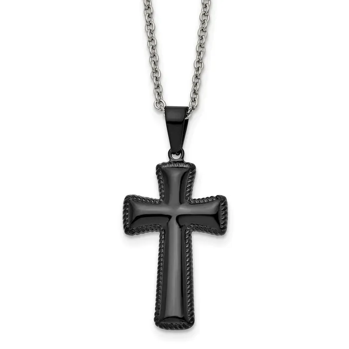 Chisel Stainless Steel Polished Black IPplated Medium Pillow Cross Pendant on a 18 inch Cable Chain Necklace TreasureFineJewelers Necklaces Chisel Stainless Steel Polished Black IPplated Medium Pillow Cross Pendant on a 18 inch Cable Chain Necklace TreasureFineJewelers Necklaces