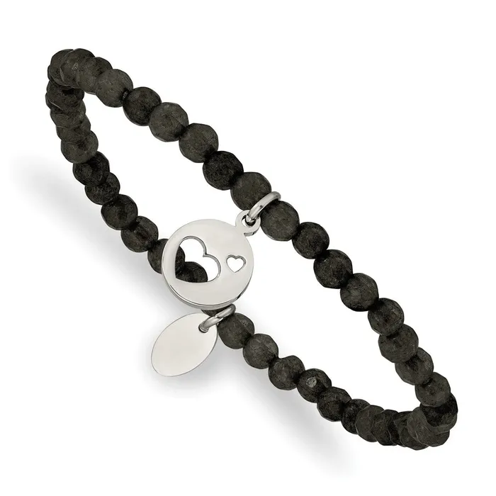 Chisel Stainless Steel Polished Hearts 4mm Black Jade Beaded Stretch Bracelet TreasureFineJewelers Bracelets Chisel Stainless Steel Polished Hearts 4mm Black Jade Beaded Stretch Bracelet TreasureFineJewelers Bracelets