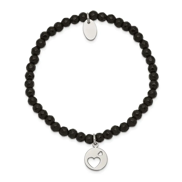 Chisel Stainless Steel Polished Hearts 4mm Black Jade Beaded Stretch Bracelet TreasureFineJewelers Bracelets