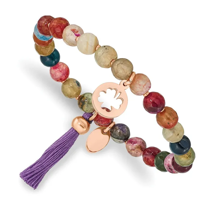 Chisel Stainless Steel Polished Rose IPplated Clover 6mm Multi Color Agate Beaded Stretch Bracelet with Tassel TreasureFineJewelers Bracelets Chisel Stainless Steel Polished Rose IPplated Clover 6mm Multi Color Agate Beaded Stretch Bracelet with Tassel TreasureFineJewelers Bracelets