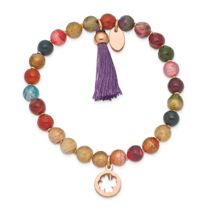 Chisel Stainless Steel Polished Rose IPplated Clover 6mm Multi Color Agate Beaded Stretch Bracelet with Tassel TreasureFineJewelers Bracelets