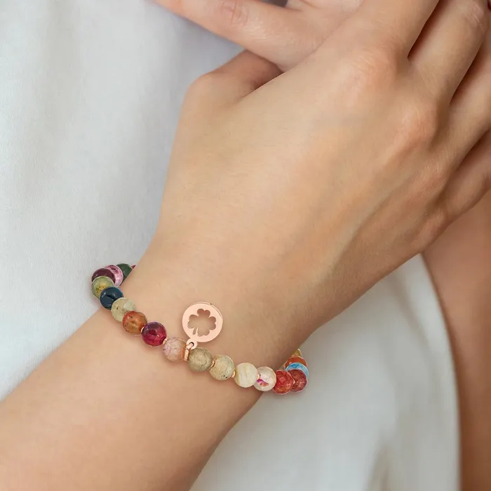 Chisel Stainless Steel Polished Rose IPplated Clover 6mm Multi Color Agate Beaded Stretch Bracelet with Tassel TreasureFineJewelers Bracelets