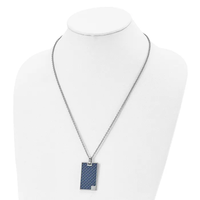 Chisel Stainless Steel Polished with Blue Carbon Fiber Inlay Rectangle Dog Tag on a 22 inch Cable Chain Necklace TreasureFineJewelers Necklaces