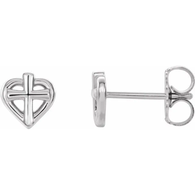 Earrings TreasureFineJewelers Platinum Cross with Heart Youth Earrings
