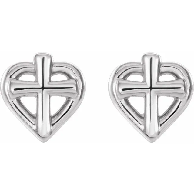 Earrings TreasureFineJewelers Platinum Cross with Heart Youth Earrings