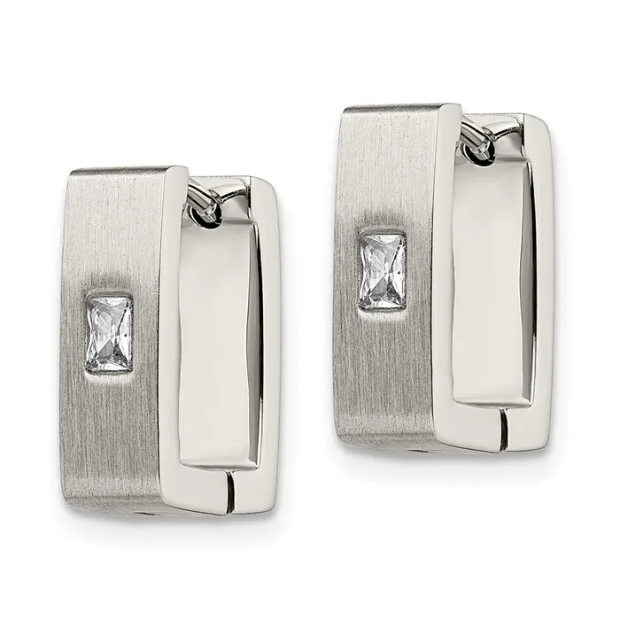 Earrings TreasureFineJewelers Stainless Steel Brushed Polished wCZ 5mm Square Hinged Earrings