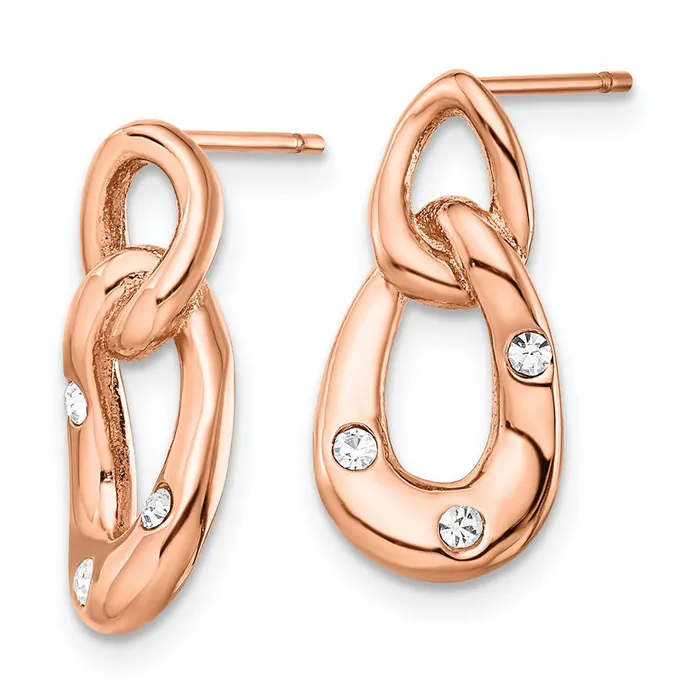 Earrings TreasureFineJewelers Stainless Steel Polished Rose IPplated wCrystal Two Loop Post Earrings