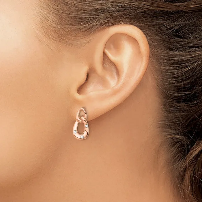 Earrings TreasureFineJewelers Stainless Steel Polished Rose IPplated wCrystal Two Loop Post Earrings