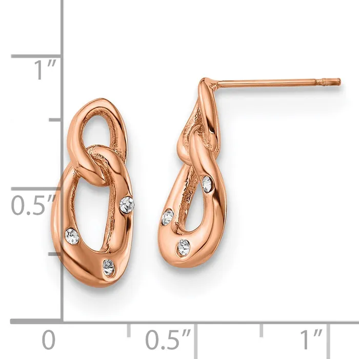 Earrings TreasureFineJewelers Stainless Steel Polished Rose IPplated wCrystal Two Loop Post Earrings