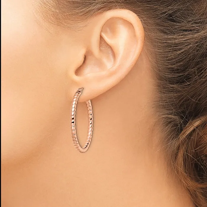 Earrings TreasureFineJewelers Stainless Steel Polished Textured Rose IPplated Hollow Hoop Earrings