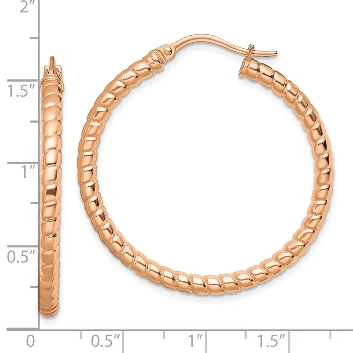 Earrings TreasureFineJewelers Stainless Steel Polished Textured Rose IPplated Hollow Hoop Earrings