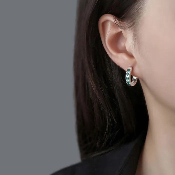 Earrings Trendolla Jewelry 925 Silver Green CZ Diamond Heart Huggie Earrings
