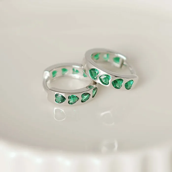Earrings Trendolla Jewelry 925 Silver Green CZ Diamond Heart Huggie Earrings