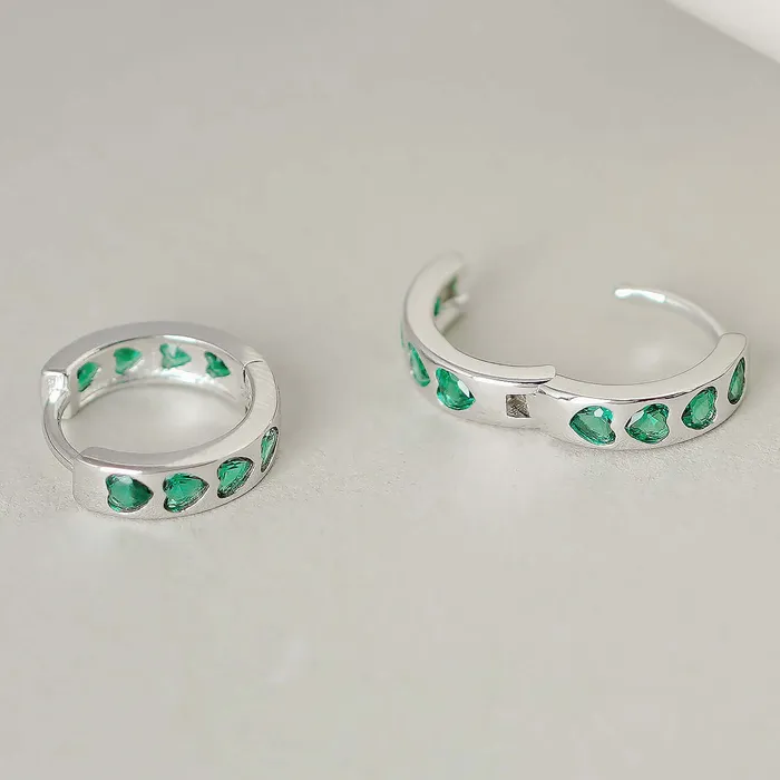 Earrings Trendolla Jewelry 925 Silver Green CZ Diamond Heart Huggie Earrings