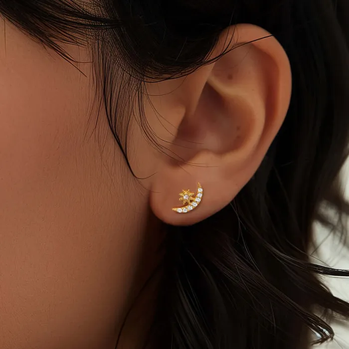 Earrings Trendolla Jewelry 925 Silver Star And Moon White CZ Diamond Ball Back Earrings