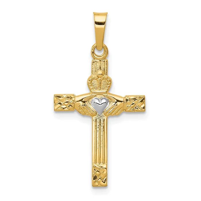 Necklaces 14k Yellow Gold Rhodium and Rhodium Polished Claddagh Cross Pendant TreasureFineJewelers Necklaces 14k Yellow Gold Rhodium and Rhodium Polished Claddagh Cross Pendant TreasureFineJewelers