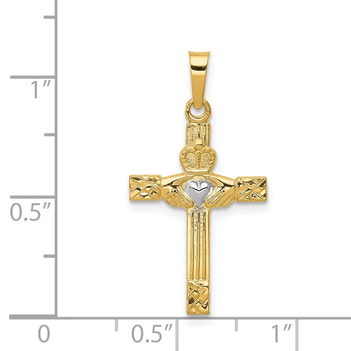 Necklaces 14k Yellow Gold Rhodium and Rhodium Polished Claddagh Cross Pendant TreasureFineJewelers
