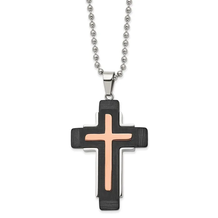 Necklaces Chisel Stainless Steel Polished Rose IPplated and Solid Black Carbon Fiber Cross Pendant on a 22 inch Ball Chain Necklace TreasureFineJewelers Necklaces Chisel Stainless Steel Polished Rose IPplated and Solid Black Carbon Fiber Cross Pendant on a 22 inch Ball Chain Necklace TreasureFineJewelers