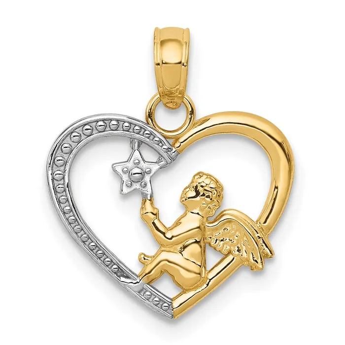 Necklaces TreasureFineJewelers 14K wRhodium Angel in Heart w Star Pendant