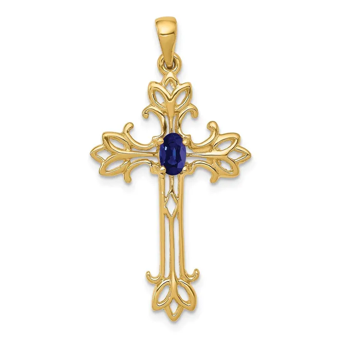 Necklaces TreasureFineJewelers 14k Yellow Gold 5x3mm Oval Sapphire cross pendant Necklaces TreasureFineJewelers 14k Yellow Gold 5x3mm Oval Sapphire cross pendant
