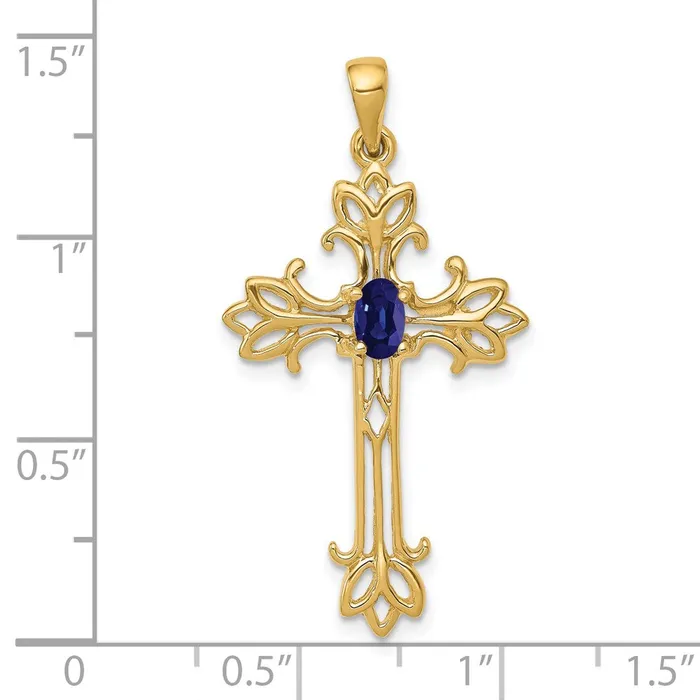 Necklaces TreasureFineJewelers 14k Yellow Gold 5x3mm Oval Sapphire cross pendant
