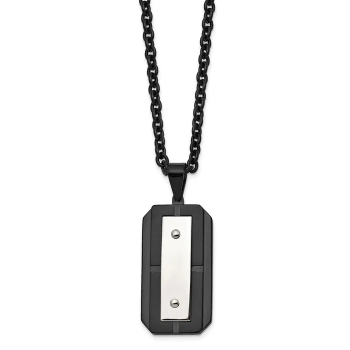 Necklaces TreasureFineJewelers Chisel Stainless Steel Brushed and Polished Black IPplated Dog Tag on a 24 inch Cable Chain Necklace
