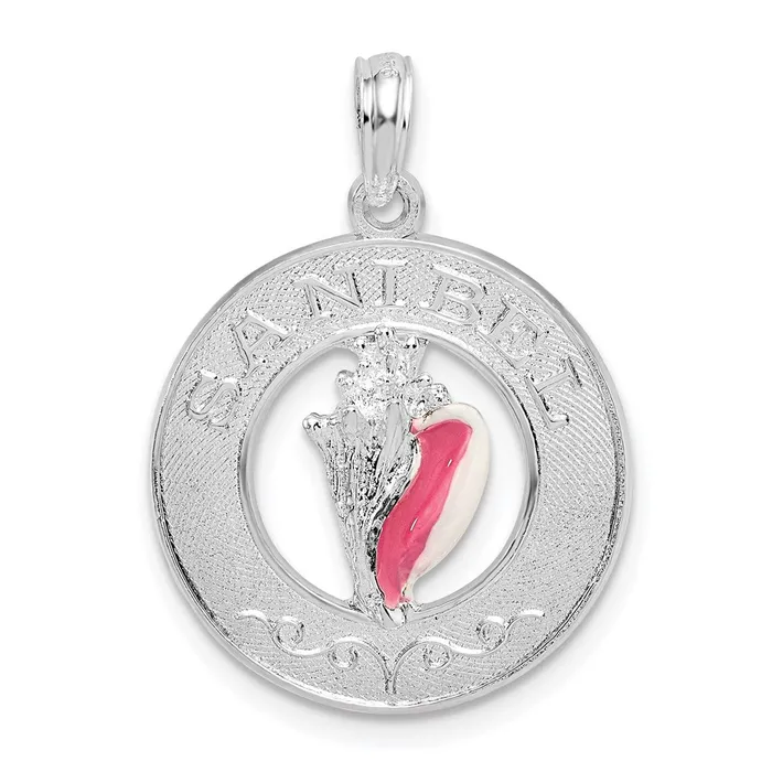 Necklaces TreasureFineJewelers Sterling Silver Polished Enameled Sanibel Circle wShell Pendant Necklaces TreasureFineJewelers Sterling Silver Polished Enameled Sanibel Circle wShell Pendant