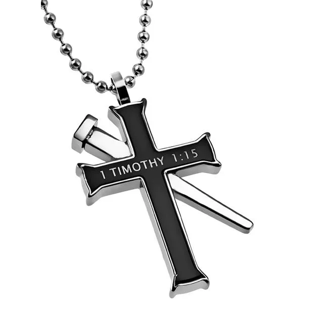 North Arrow Shop Necklaces 1 TIMOTHY 115 Black Cross and Nail Necklace with Bible Verse Stainless Steel North Arrow Shop Necklaces 1 TIMOTHY 115 Black Cross and Nail Necklace with Bible Verse Stainless Steel