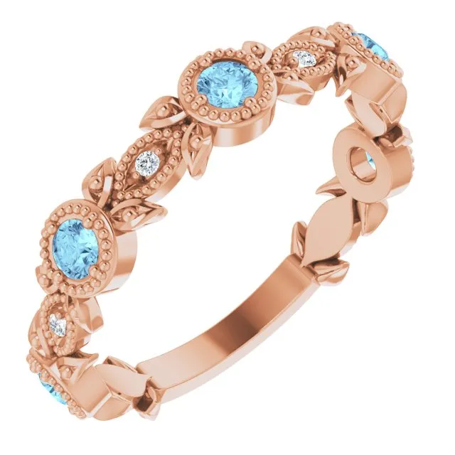 Rings TreasureFineJeweler 14K Rose Natural Aquamarine 03 CTW Natural Diamond Leaf Ring
