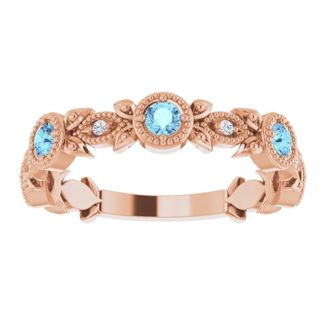 Rings TreasureFineJeweler 14K Rose Natural Aquamarine 03 CTW Natural Diamond Leaf Ring