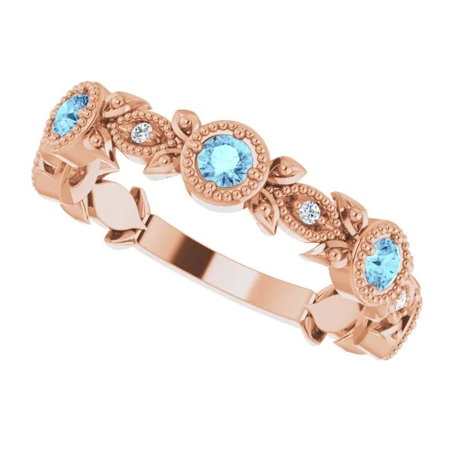 Rings TreasureFineJeweler 14K Rose Natural Aquamarine 03 CTW Natural Diamond Leaf Ring